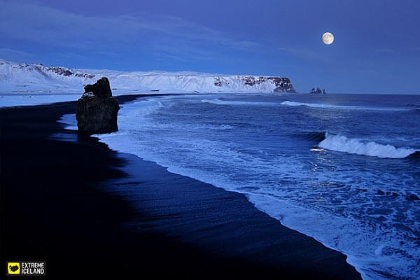 black-sand beach Reynisfjara at dark
