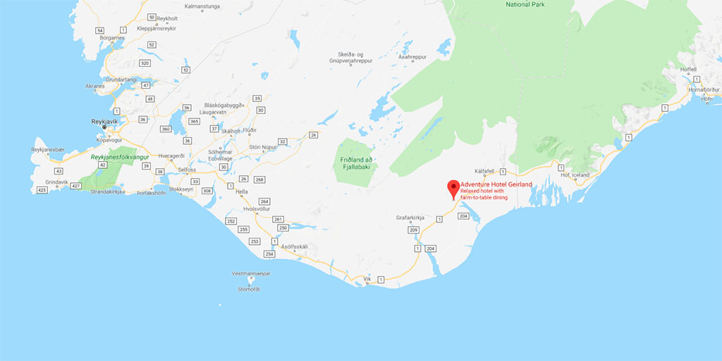如何从雷克雅未克开车到达冰岛南岸的Adventure Hotel Geirland